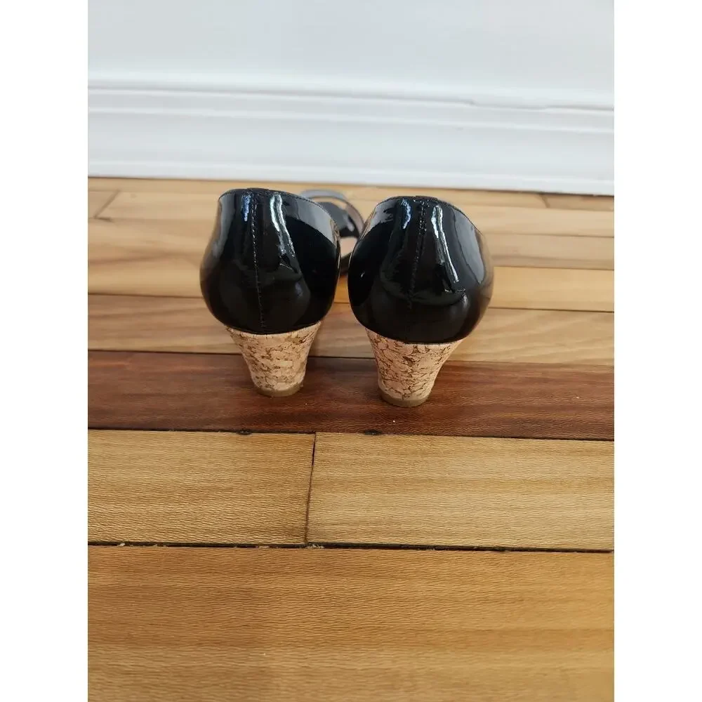 ARTURO CHIANG Black Leather Designer Peep Toe Cork Heel Size 7.5M - Picture 5 of 7